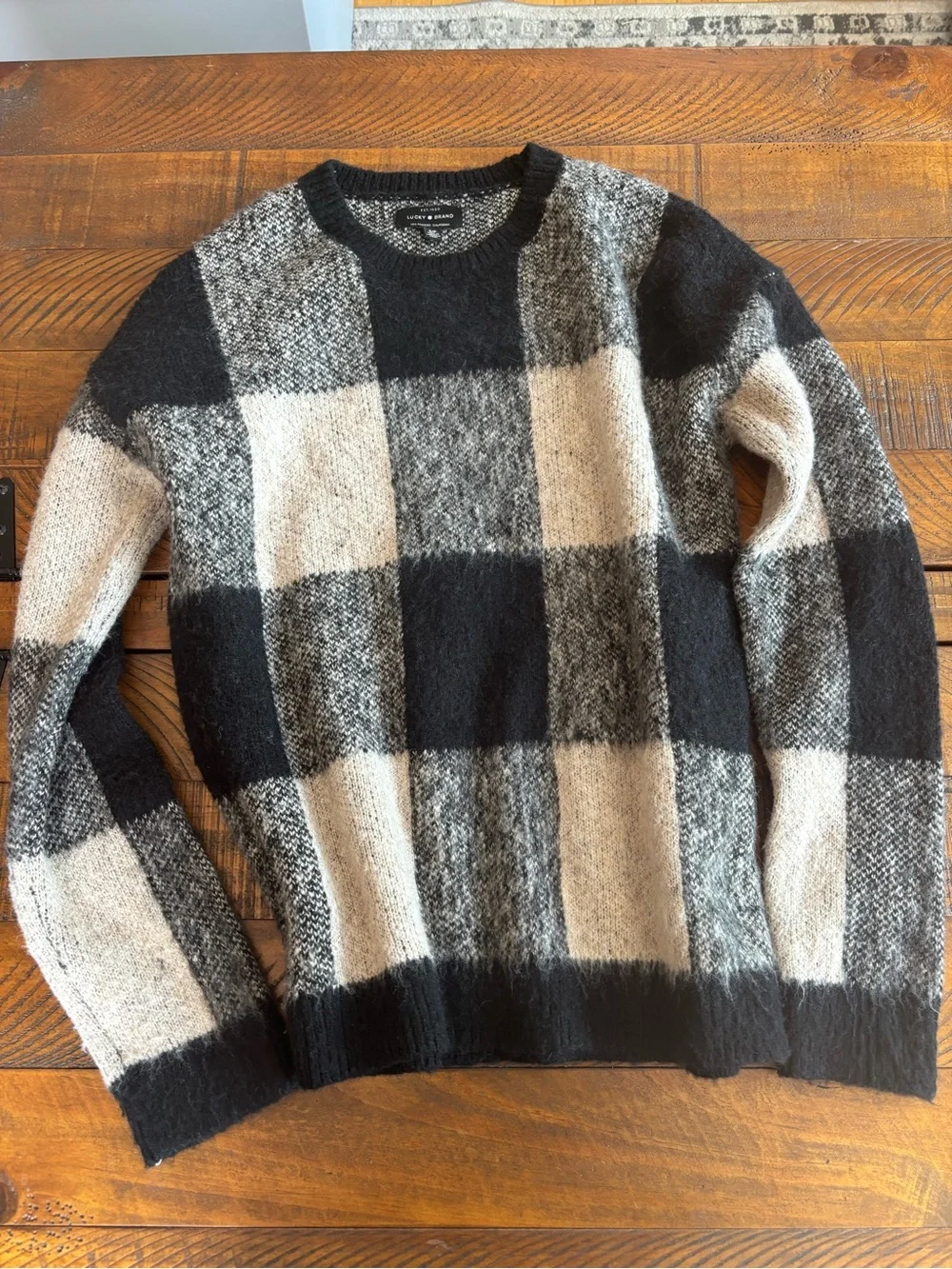 Lucky Brand Black and Cream Buffalo-Check Crew Sweater